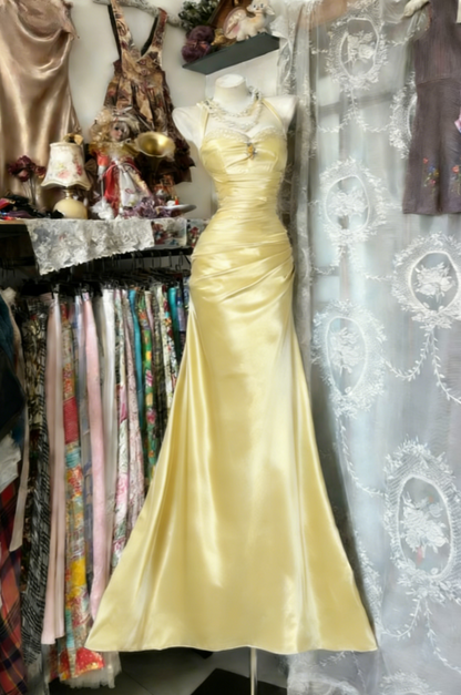 Vintage Halter Mermaid Long Prom Dresses Beaded Satin Blue Evening Dresses Birthday Dresses SH5041