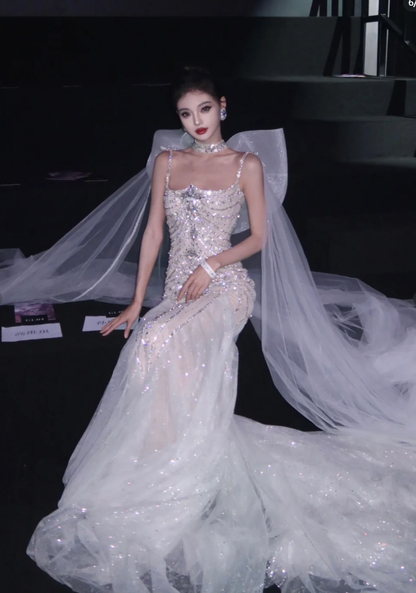 Rhinestone Exquisite Mermaid Spaghetti Strap Beaded Tulle Prom Dress Wedding Dress with Bow SH3639