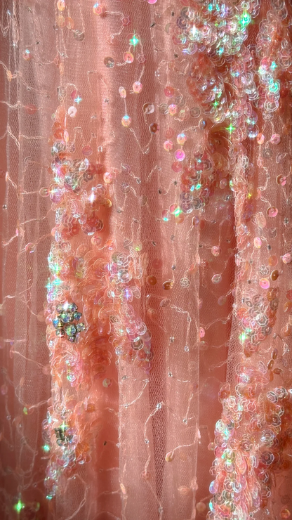 Glitter Strapless Pink Tulle Sequin Beaded Mermaid Party Dress Slit Long Evening Gown D867