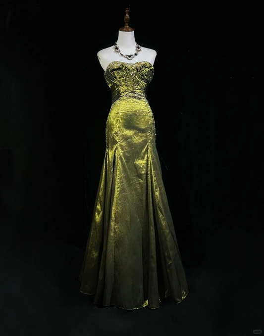 Retro Green Mermaid Strapless Beaded Pleated Satin Prom Dress Evening Dress SH3331