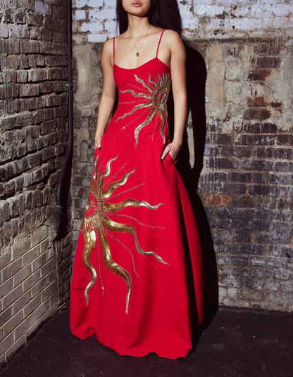 Gorgeous Spaghetti Straps Red Satin With Gold Sequin Long Party Dress Evening Dress D1387