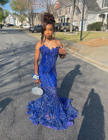 Elegant Royal Blue Sequin Beaded Appliques Mermaid Prom Dress Evening Dress SH982