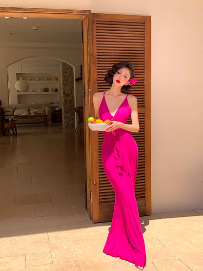 Hot Pink Sheath Spaghetti Strap Sexy Satin Long Prom Dress Evening Dress SH4334