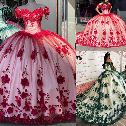 Red Off The Shoulder 3D Flowers Sweet 16 Party Dress Quinceanera Dresses  SH822