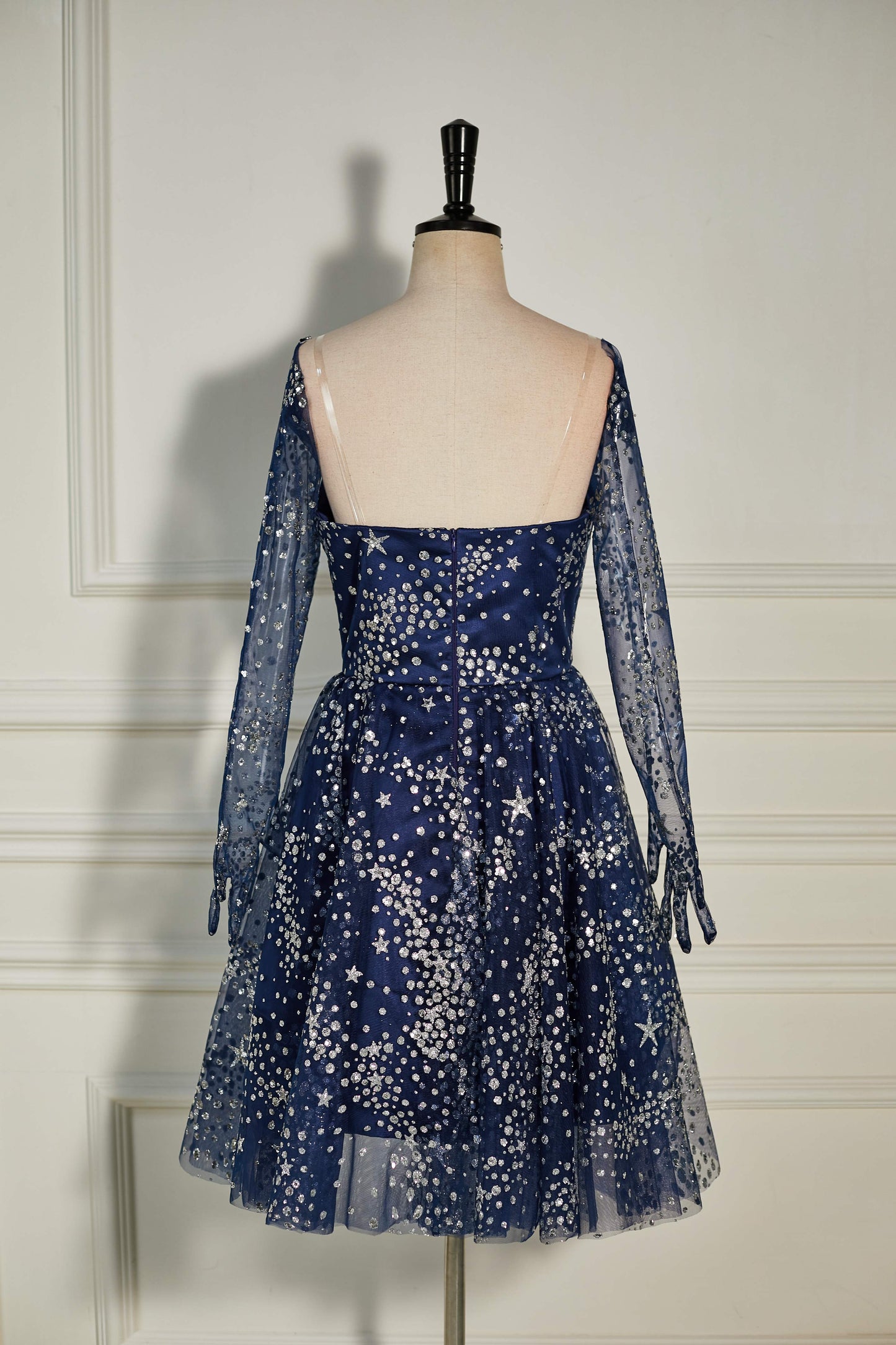 Dark Navy Sequined Long Sleeves A-line Homecoming Dress