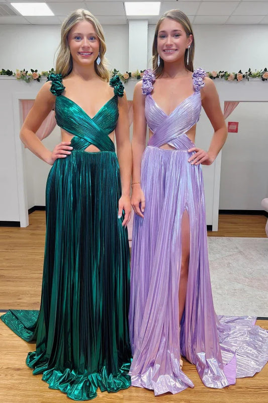 V-Neck Florals Straps Satin A-Line Party Prom Dress With Train