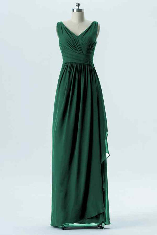 Peacock Green A-line Chiffon Pleated Ruffle Long Bridesmaid Dress