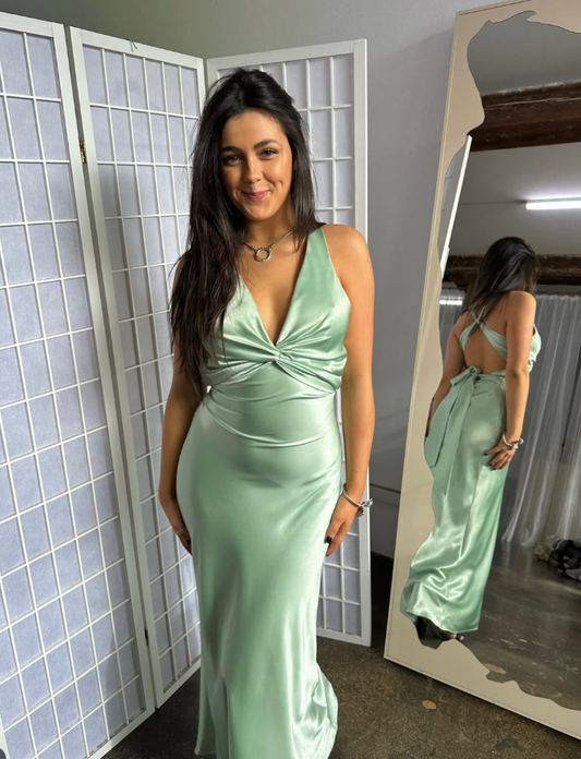 Green Simple Sheath V Neck Satin Open Back Prom Dress Evening Dress Formal Gown SH3921