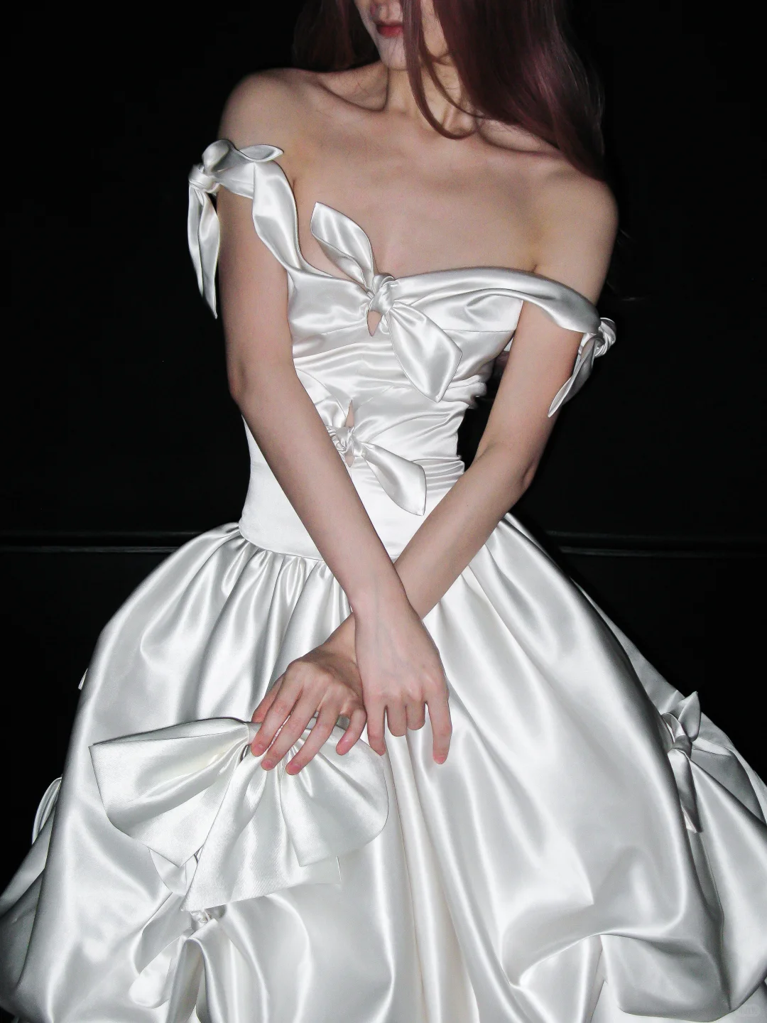 Cute Bow A Line Off the Shoulder Satin Long Prom Dress Party Dress SH4966