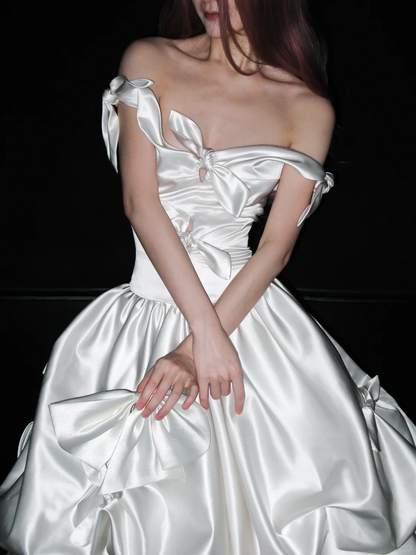 Cute Bow A Line Off the Shoulder Satin Long Prom Dress Party Dress SH4966