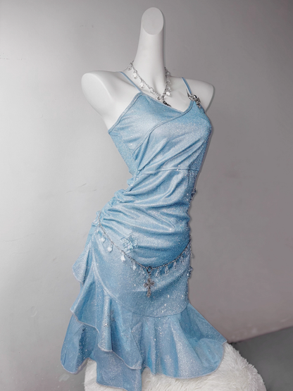 Classy Blue Spaghetti Straps Ruffles Homecoming Dress Short Birthday Dress S606