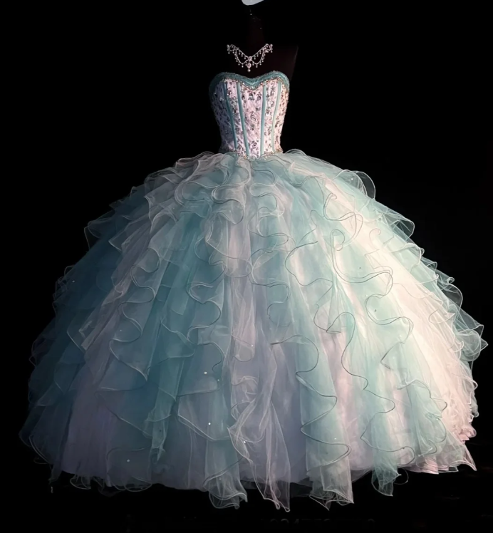 Chic Strapless Tulle Layered Ruffle Beaded Ball Gown Sweet 16 Dress Formal Birthday Quinceanera Dress D1831
