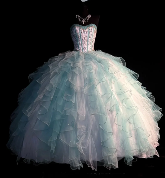 Chic Strapless Tulle Layered Ruffle Beaded Ball Gown Sweet 16 Dress Formal Birthday Quinceanera Dress D1831