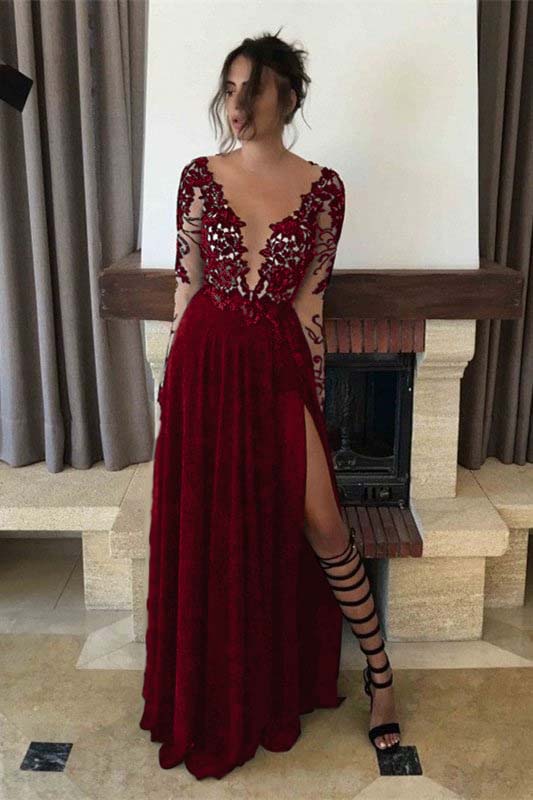 Black Long Sleeves Elegant Evening Dresses Slit