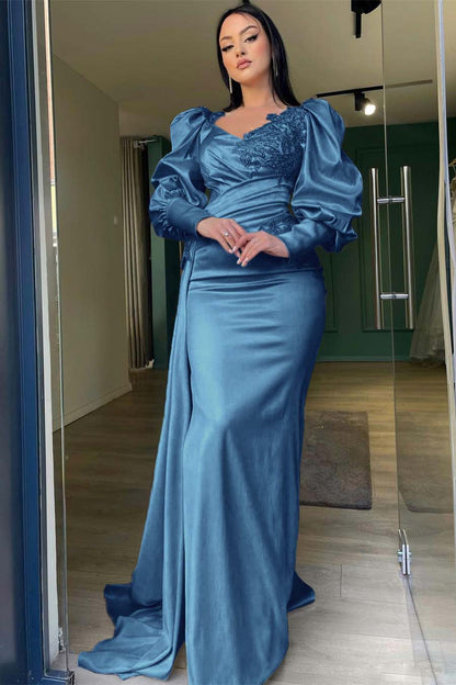 Long Puff Sleeves Mermaid Prom Dress With Appliques Ruffles