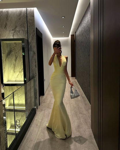 Sleeveless Deep V Neck Mermaid Halter Straps Prom Dress
