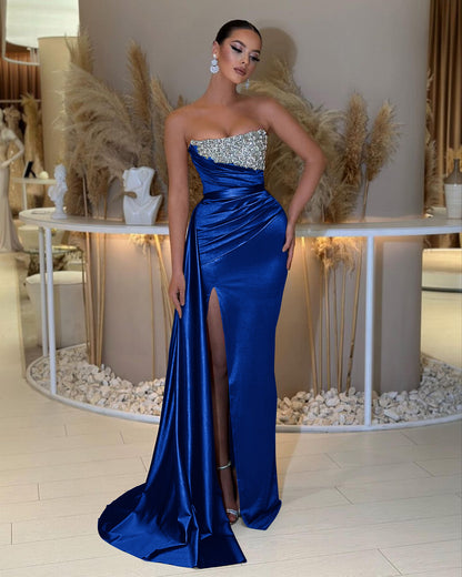 Strapless Beading Sleeveless Slit Prom Dress with Ruffle