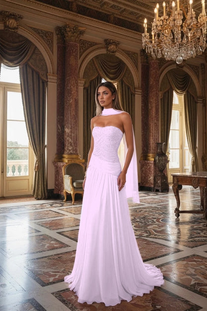 Strapless Beadings Sleeveless Square Prom Dress With Scarf