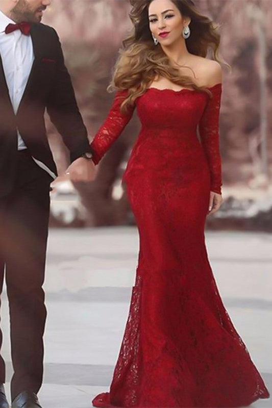 Long Sleeves Mermaid Evening Burgundy Dress