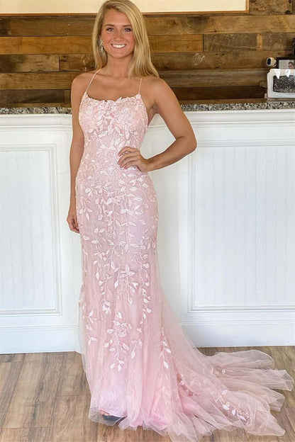 Tulle Mermaid Prom Dress Spaghetti-Straps Open Back With Appliques