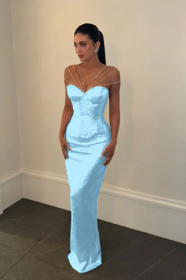 Sparkly Silver Off-the-Shoulder Evening Dress Sleeveless With Sequins