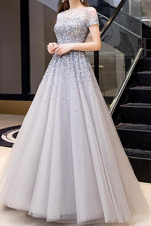 Gorgeous Long Prom Dress With Short Sleeves Sequins Online
