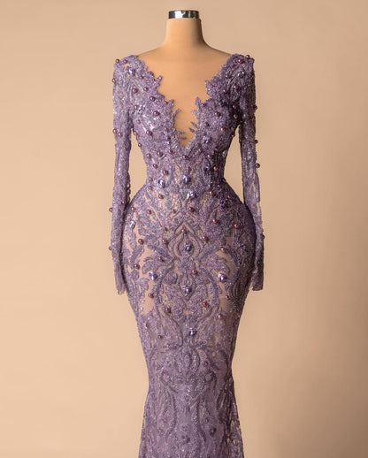 Long Sleeves Deep V-Neck Mermaid Beads Prom Dress With Pearls