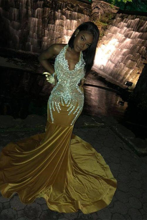 Yellow Halter Neck Mermaid Prom Dress Waist-Skimming With Appliques
