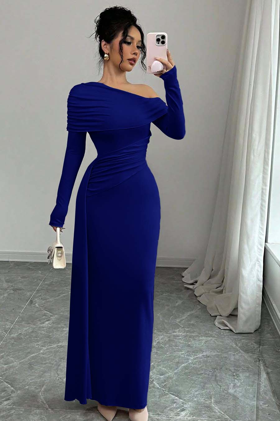 Long Sleeves One-Shoulder Pleated Mermaid Prom Dress