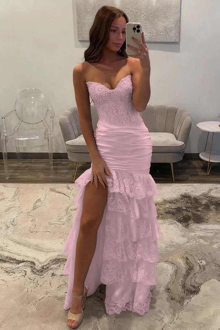 Sleeveless Strapless Long Split Evening Dress With Sequins Pleated