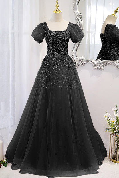 Lace-Up Prom Dress Beadings Short Sleeves With Square Online