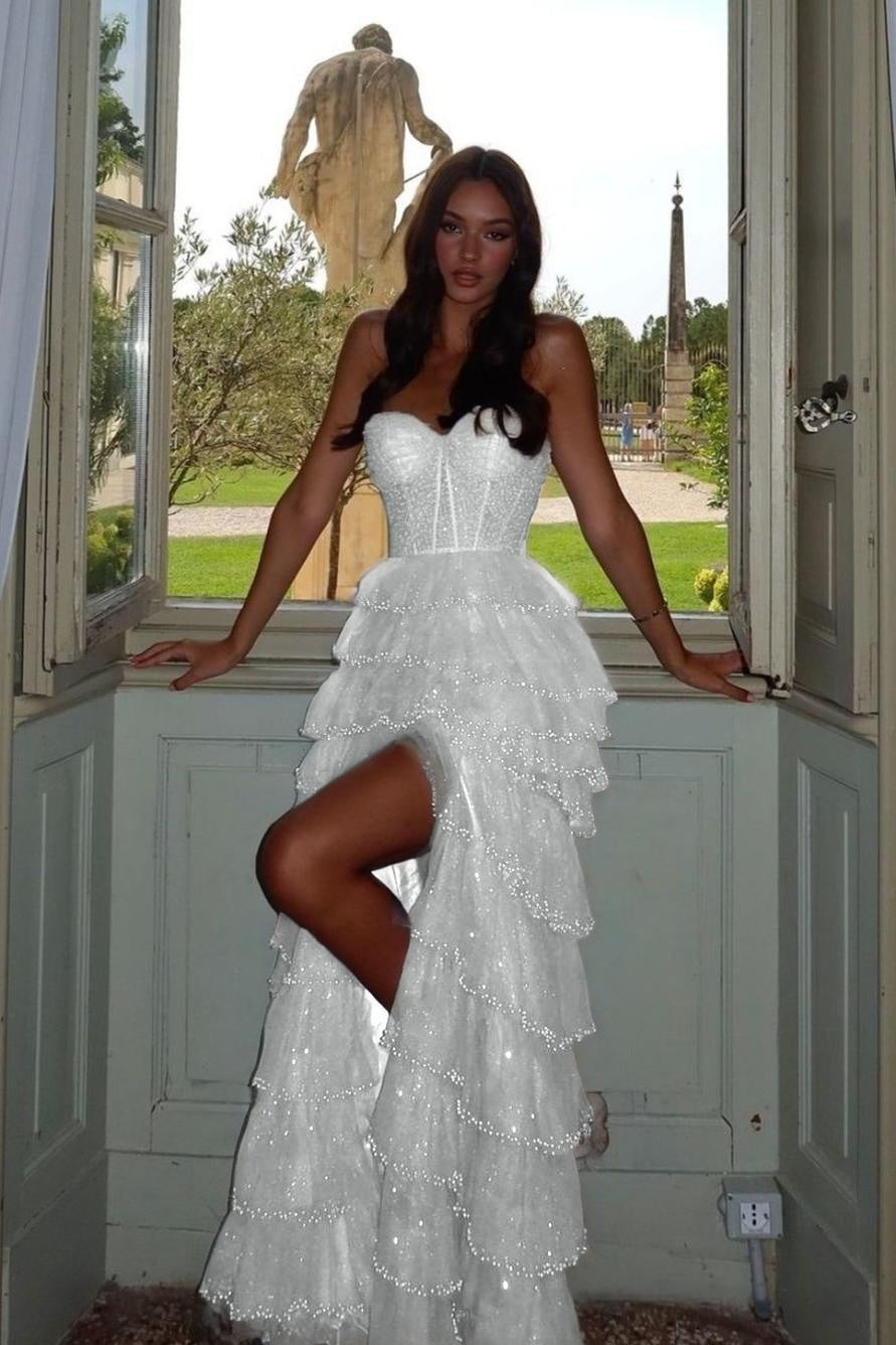 Chic Blue Tulle Sweetheart Beaded Sleeveless Cake Prom Dress with Split