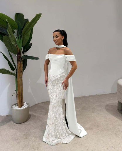 Off Shoulder Beads Mermaid Square Prom Dress With Scarf