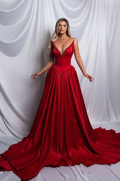 Sleeveless Deep V-Neck Strapless A-Line Prom Dress With Beads