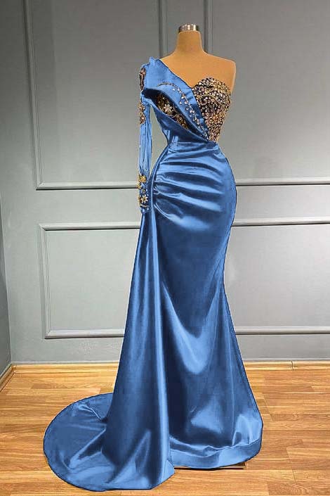 Dark Blue Long Sleeve One Shoulder Mermaid Prom Dress With beads
