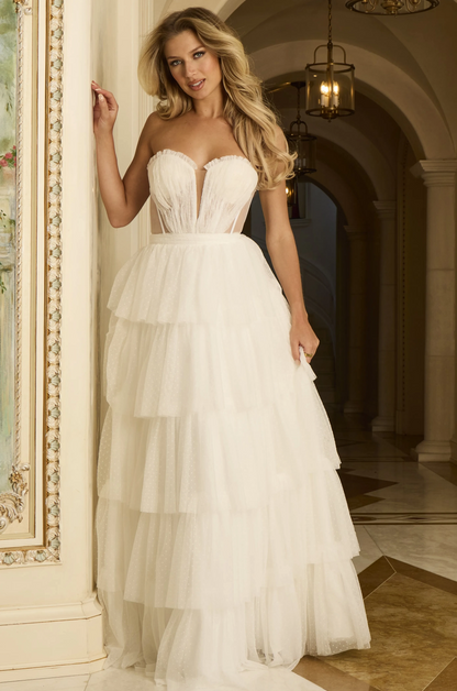 White Sleeveless Strapless Deep V-Neck A-Line Prom Dress