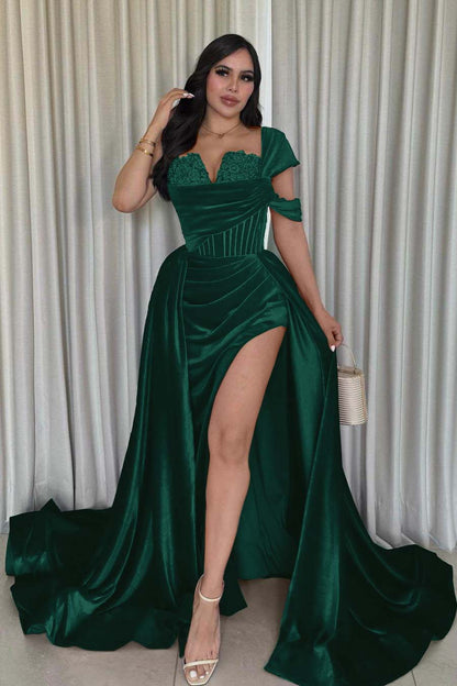 Glamorous Velvet One Shoulder Sleeveless Long Pleated Prom Dress with Split