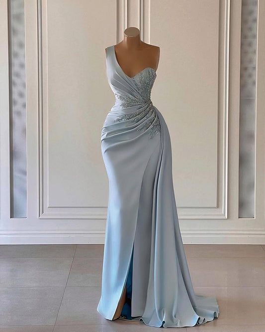 Baby Blue Sleeveless Sweetheart Mermaid Beads Prom Dress