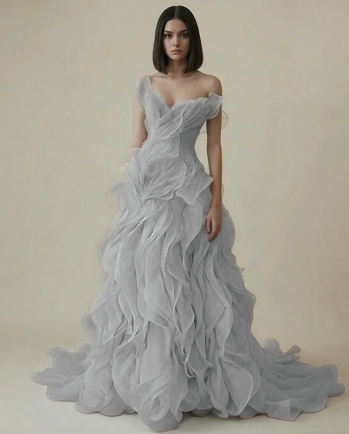 Dreamy Sky Blue V-Neck Pleated Ruffles Long Evening Dress