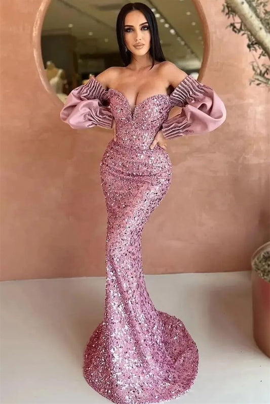 Sweetheart Long Sleeves Evening Dress With Sequins Mermaid Off-The-Shoulder