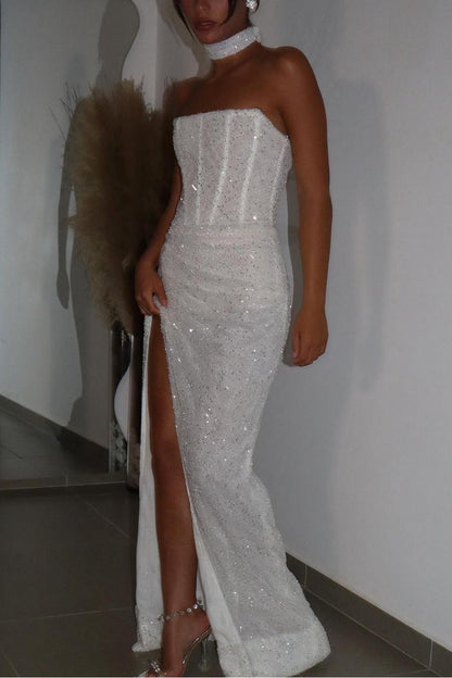 Shinning White Sequins Strapless Sleeveless Long Pleated Prom Dress with Split