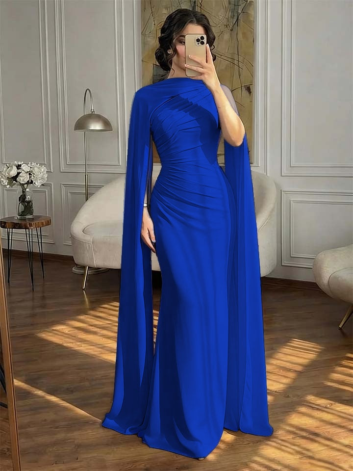 Fashionable Dark Navy Asymmetric Sleeveless Pleated Prom Dress With Scarf