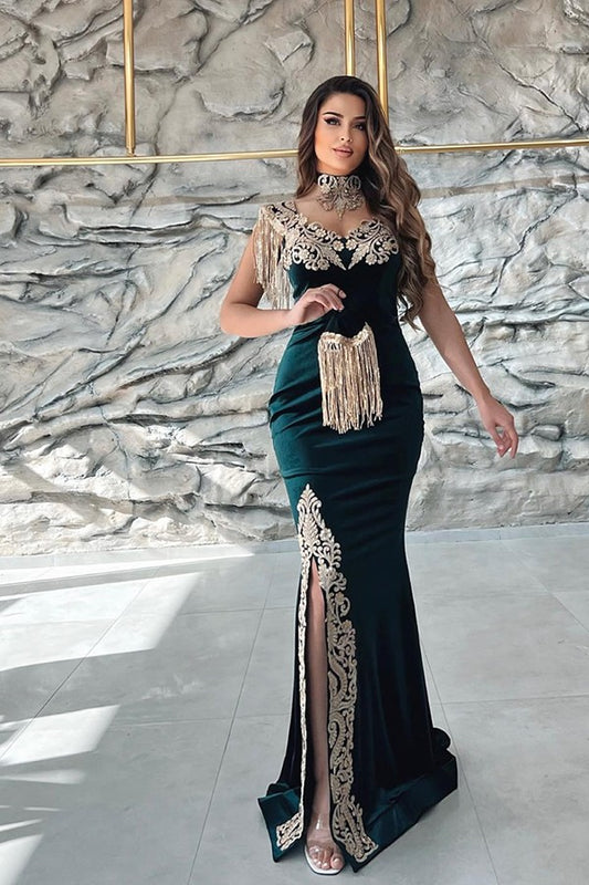 Sleeveless V-Neck Applique Slit Mermaid Evening Dress Dark Green