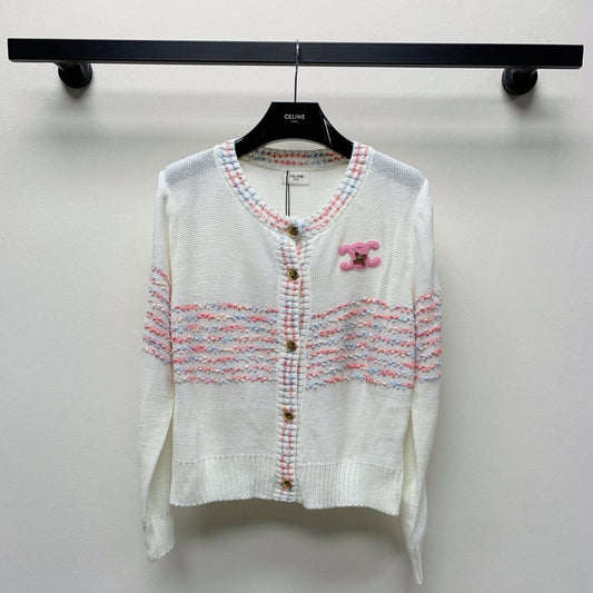 Celine 25 Striped Cardigan White Wool Polyester 281502