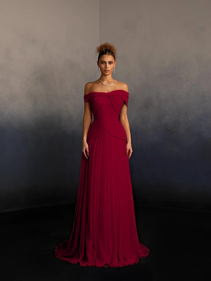 Glamorous Pink Off-The-Shoulder Pleated Long Evening Dress