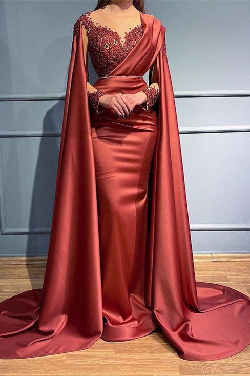 Rust Long Sleeves Beads Appliques Mermaid Evening Dress With Ruffles