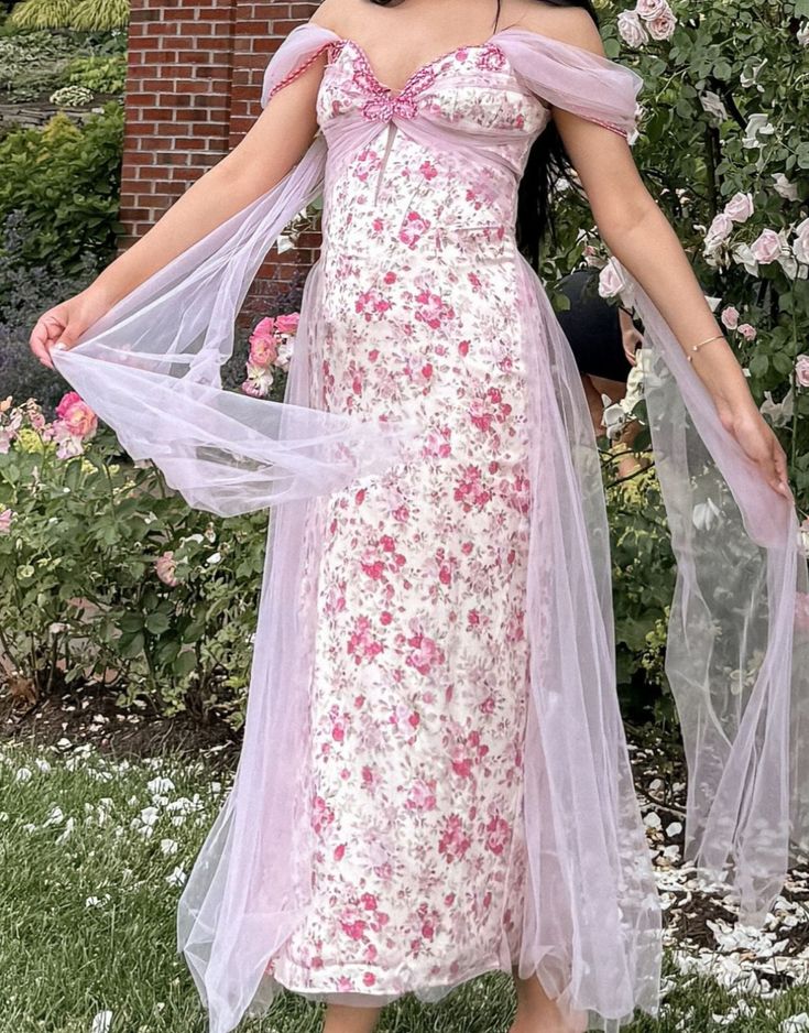 Pink Flowy Print Floral A Line Off the Shoulder Satin Tulle Party Dress Prom Dress SH3599