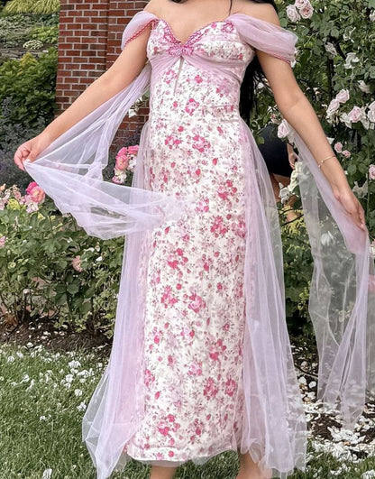 Pink Flowy Print Floral A Line Off the Shoulder Satin Tulle Party Dress Prom Dress SH3599