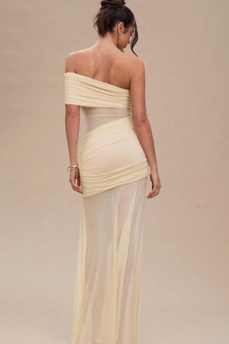 Chic Daffodil Chiffon One Shoulder Mermaid Strapless Prom Dress with Pleated