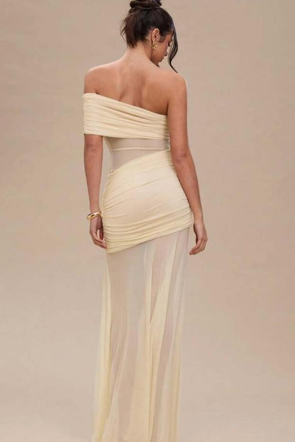 Chic Daffodil Chiffon One Shoulder Mermaid Strapless Prom Dress with Pleated